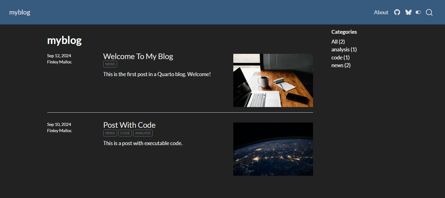Screenshot of a blog listing page with a navbar showing the blog name, About link, GitHub and Bluesky icons, and two blog posts with thumbnail images and categories.