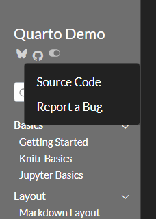 A Quarto sidebar showing the site title with Bluesky and GitHub icons. The GitHub icon is selected and a dropdown menu shows two items: 'Source Code' and 'Report a Bug'. Below are a search box and navigation sections.